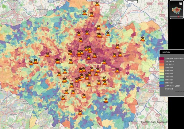 London riot locations mapped over deprivation index