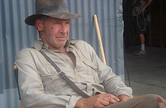 Harrison Ford on set as archaeologist Indiana Jones