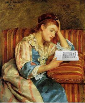 Mrs. Duffee Seated on a Striped Sofa, Reading Her Kindle, After Mary Cassatt - Mike Licht
